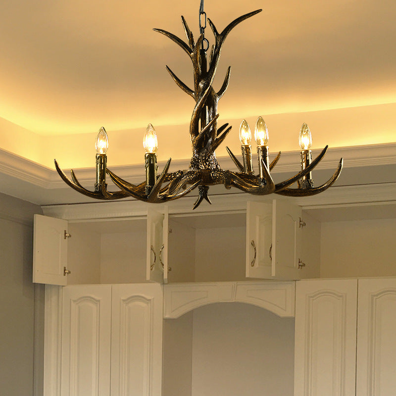 Rustic Chandelier Pendant with Resin Antler in Brass - 6/8/10-Light for Study Suspension