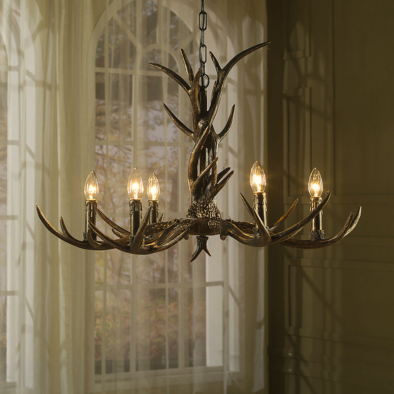 Rustic Brass Resin Antler Chandelier – 6/8/10-Light Pendant for Living & Study Rooms