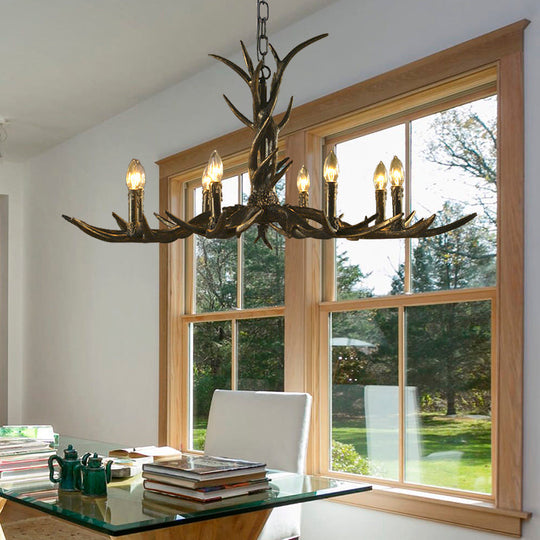 Rustic Chandelier Pendant with Resin Antler in Brass - 6/8/10-Light for Study Suspension