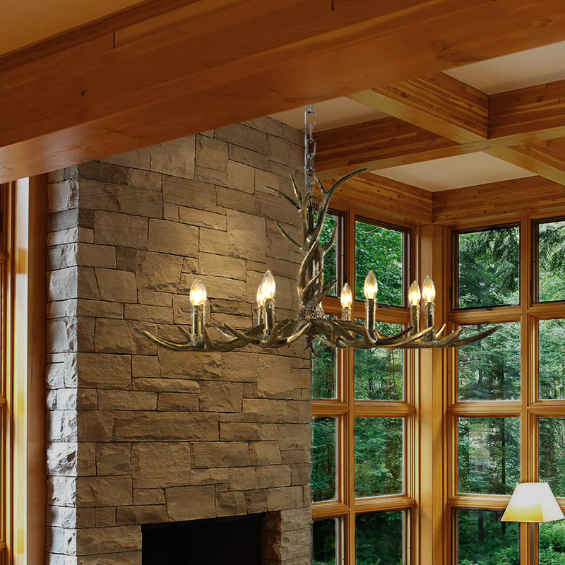 Rustic Chandelier Pendant with Resin Antler in Brass - 6/8/10-Light for Study Suspension