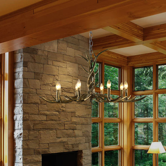 Rustic Chandelier Pendant with Resin Antler in Brass - 6/8/10-Light for Study Suspension