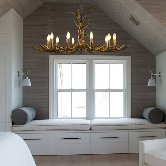 Rustic Chandelier Pendant with Resin Antler in Brass - 6/8/10-Light for Study Suspension