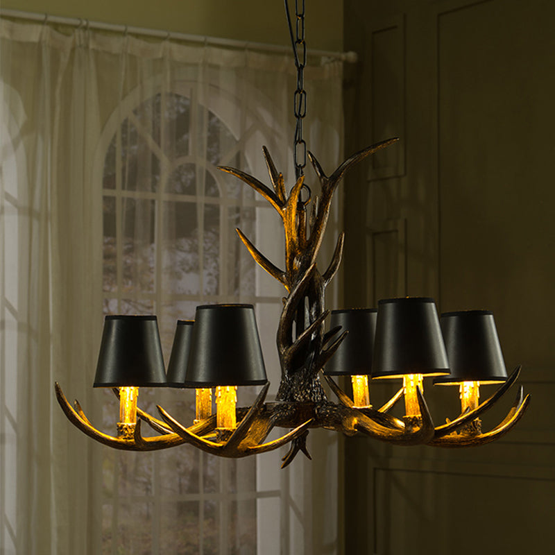 Black 6/8 Lights Chandelier Lighting Rustic Resin Cone Pendant Lamp with Antler for Living Room