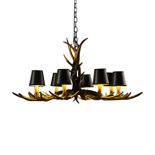 Black 6/8 Lights Chandelier Lighting Rustic Resin Cone Pendant Lamp with Antler for Living Room