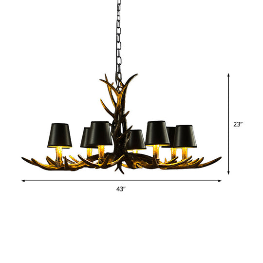 Black 6/8 Lights Chandelier Lighting Rustic Resin Cone Pendant Lamp with Antler for Living Room