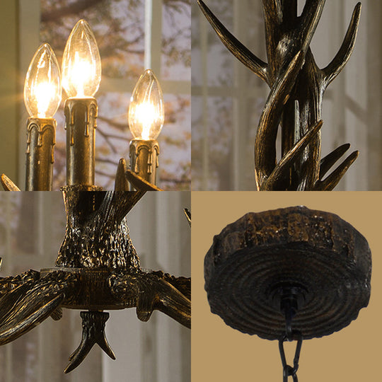 Black 6/8 Lights Chandelier Lighting Rustic Resin Cone Pendant Lamp with Antler for Living Room