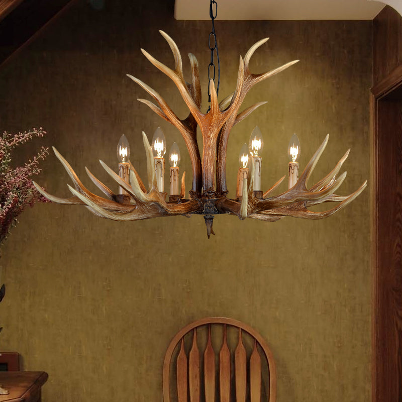 Farmhouse Deer Antler Resin Chandelier – 6/8/10-Light Rustic Brown Pendant