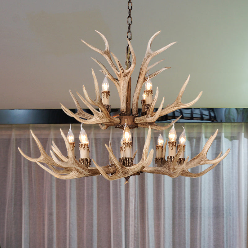 Resin Light Brown Hanging Chandelier Deer Antler 8/12/24 Bulbs Traditional Pendant Light Fixture for Dining Room