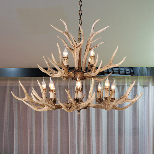 Resin Light Brown Hanging Chandelier Deer Antler 8/12/24 Bulbs Traditional Pendant Light Fixture for Dining Room