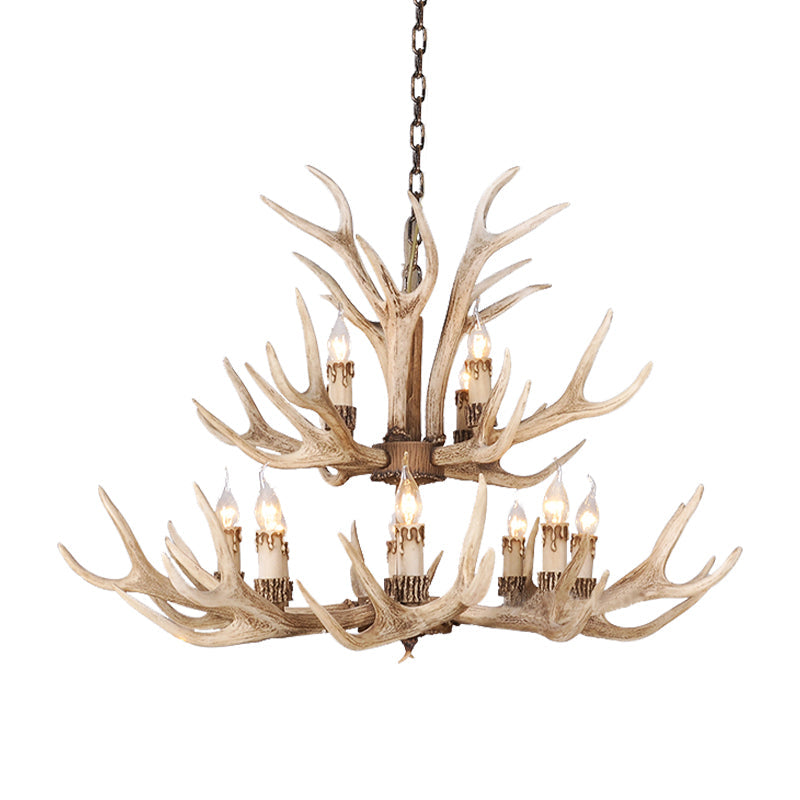 Resin Light Brown Hanging Chandelier Deer Antler 8/12/24 Bulbs Traditional Pendant Light Fixture for Dining Room