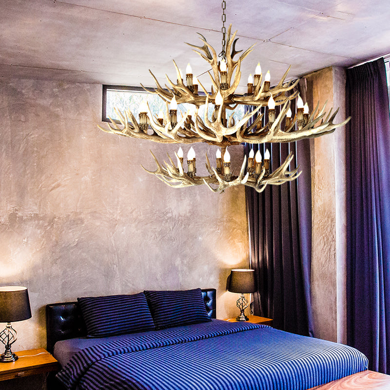 Resin Light Brown Hanging Chandelier Deer Antler 8/12/24 Bulbs Traditional Pendant Light Fixture for Dining Room