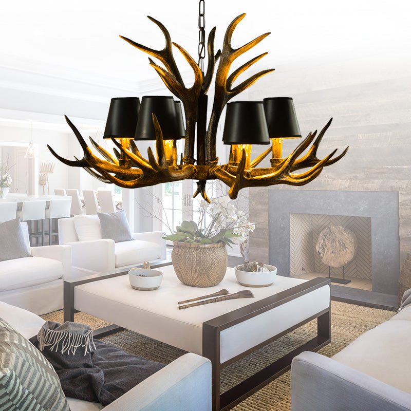 6/8/10-Bulb Resin Suspension Light Rustic Black Tapered Living Room Chandelier Lighting with Antler