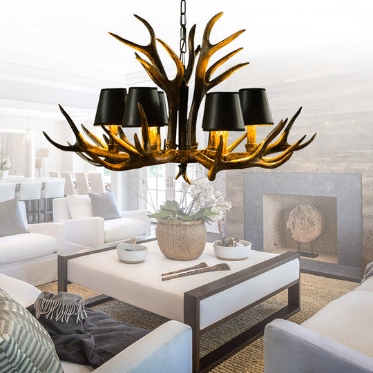 6/8/10-Bulb Resin Suspension Light Rustic Black Tapered Living Room Chandelier Lighting with Antler