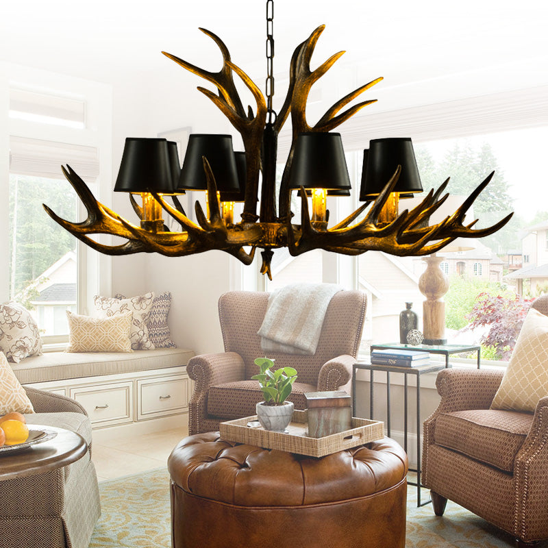 6/8/10-Bulb Resin Suspension Light Rustic Black Tapered Living Room Chandelier Lighting with Antler