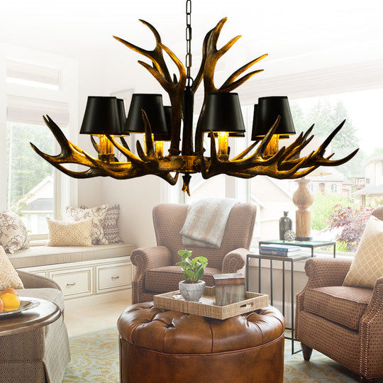 6/8/10-Bulb Resin Suspension Light Rustic Black Tapered Living Room Chandelier Lighting with Antler