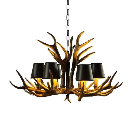 6/8/10-Bulb Resin Suspension Light Rustic Black Tapered Living Room Chandelier Lighting with Antler