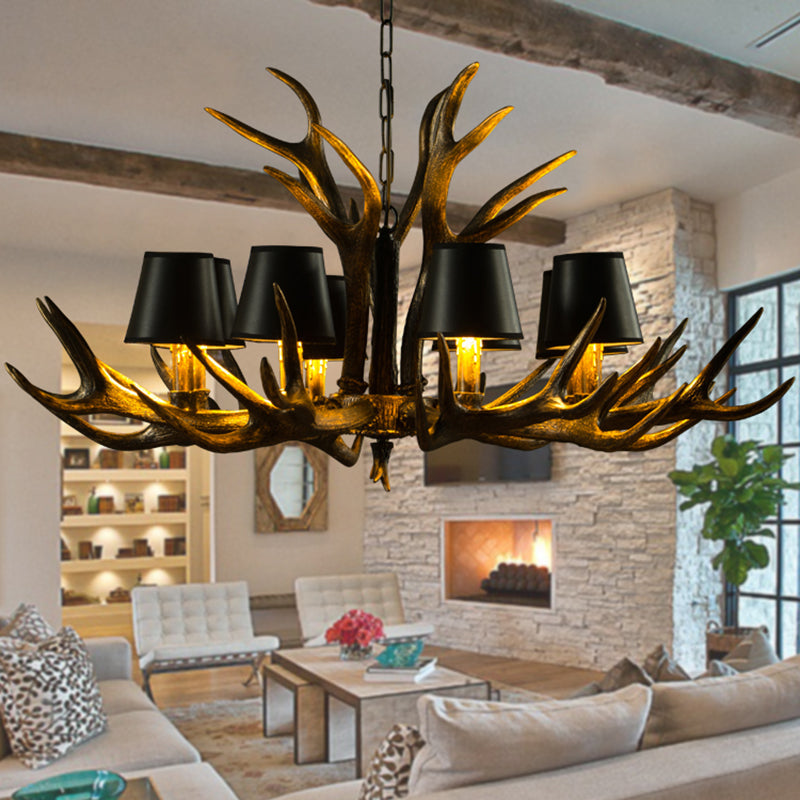 6/8/10-Bulb Resin Suspension Light Rustic Black Tapered Living Room Chandelier Lighting with Antler