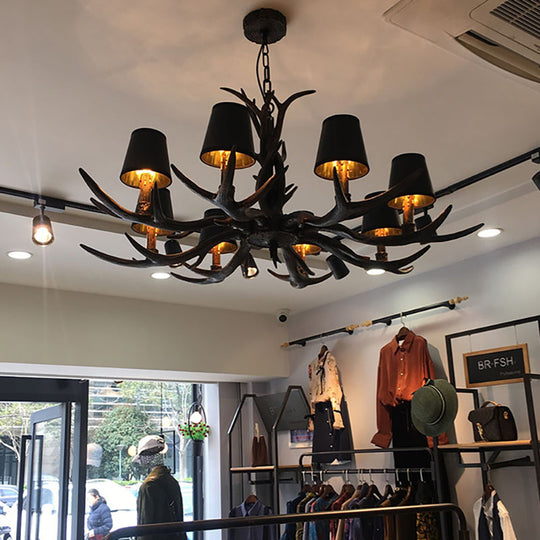 6/8/10-Bulb Resin Suspension Light Rustic Black Tapered Living Room Chandelier Lighting with Antler