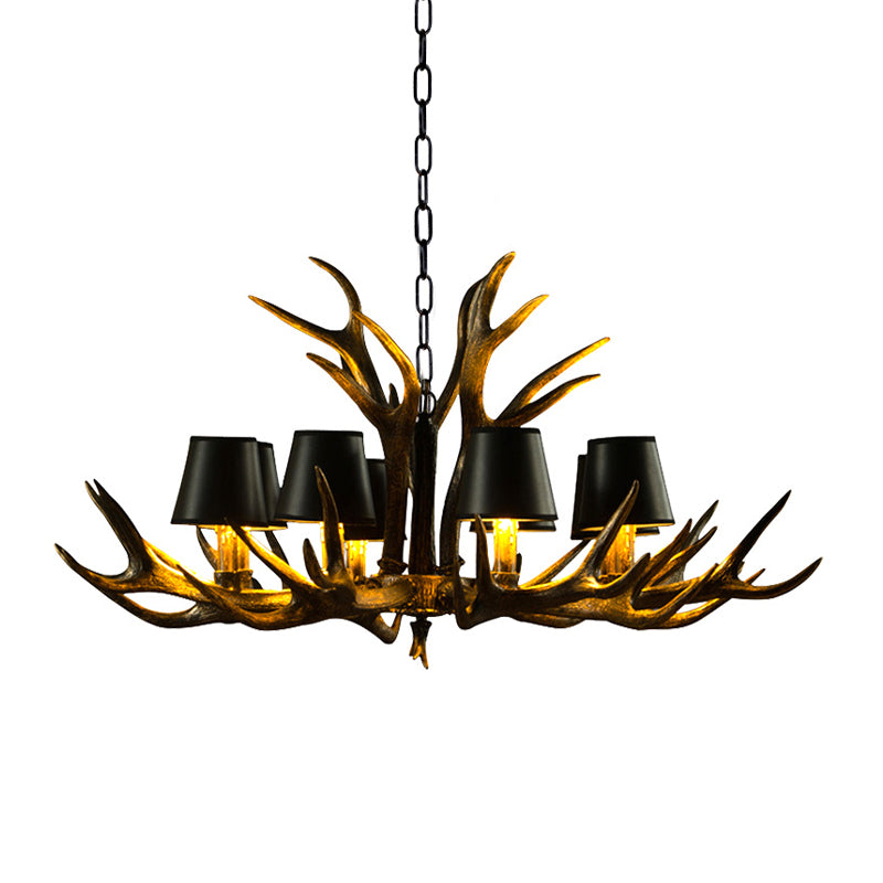 6/8/10-Bulb Resin Suspension Light Rustic Black Tapered Living Room Chandelier Lighting with Antler