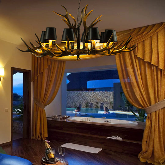 6/8/10-Bulb Resin Suspension Light Rustic Black Tapered Living Room Chandelier Lighting with Antler