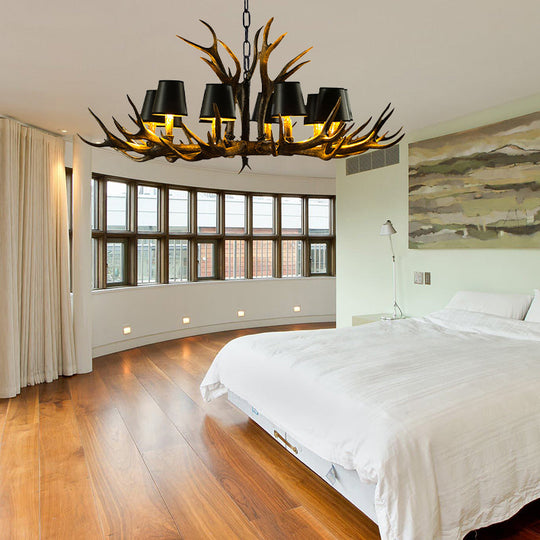 6/8/10-Bulb Resin Suspension Light Rustic Black Tapered Living Room Chandelier Lighting with Antler