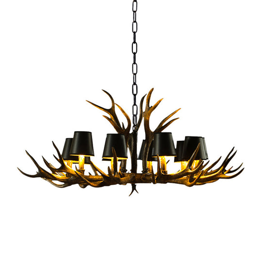 6/8/10-Bulb Resin Suspension Light Rustic Black Tapered Living Room Chandelier Lighting with Antler