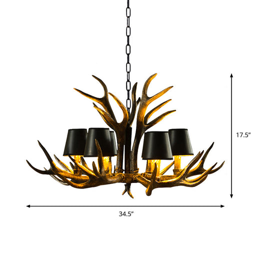 6/8/10-Bulb Resin Suspension Light Rustic Black Tapered Living Room Chandelier Lighting with Antler