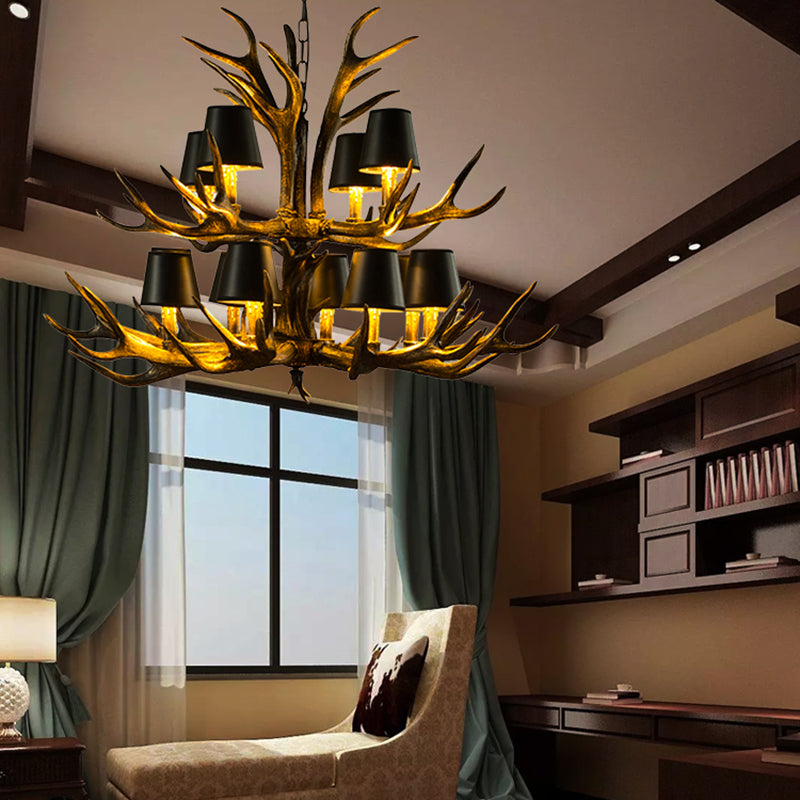 6/8/10-Bulb Resin Suspension Light Rustic Black Tapered Living Room Chandelier Lighting with Antler