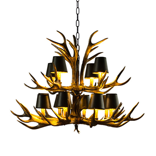 6/8/10-Bulb Resin Suspension Light Rustic Black Tapered Living Room Chandelier Lighting with Antler