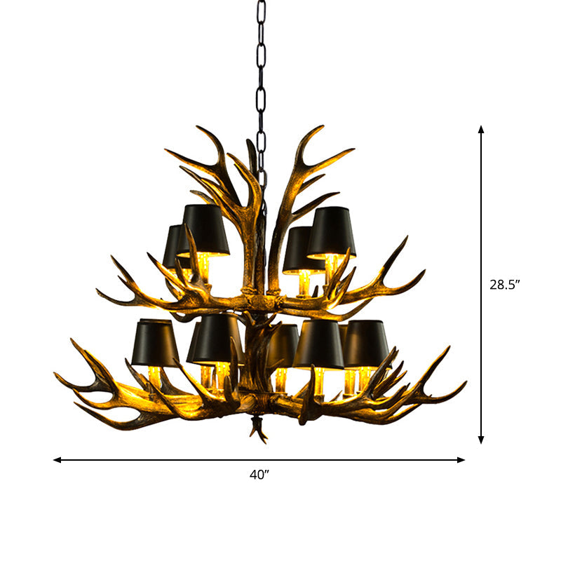 6/8/10-Bulb Resin Suspension Light Rustic Black Tapered Living Room Chandelier Lighting with Antler