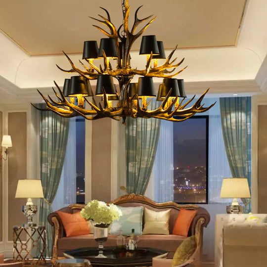 6/8/10-Bulb Resin Suspension Light Rustic Black Tapered Living Room Chandelier Lighting with Antler