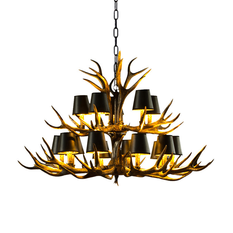 6/8/10-Bulb Resin Suspension Light Rustic Black Tapered Living Room Chandelier Lighting with Antler