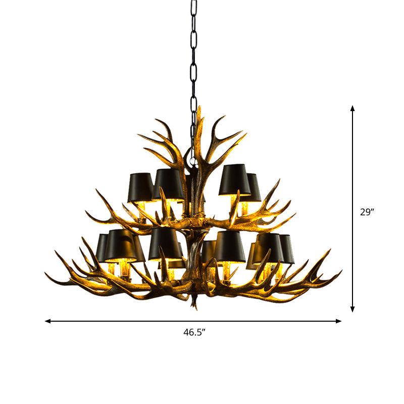 6/8/10-Bulb Resin Suspension Light Rustic Black Tapered Living Room Chandelier Lighting with Antler