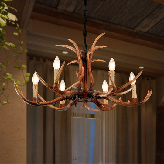 Faux Antler Bedroom Drop Lamp Traditional Resin 4/6/8 Bulbs Brown Chandelier Pendant Light