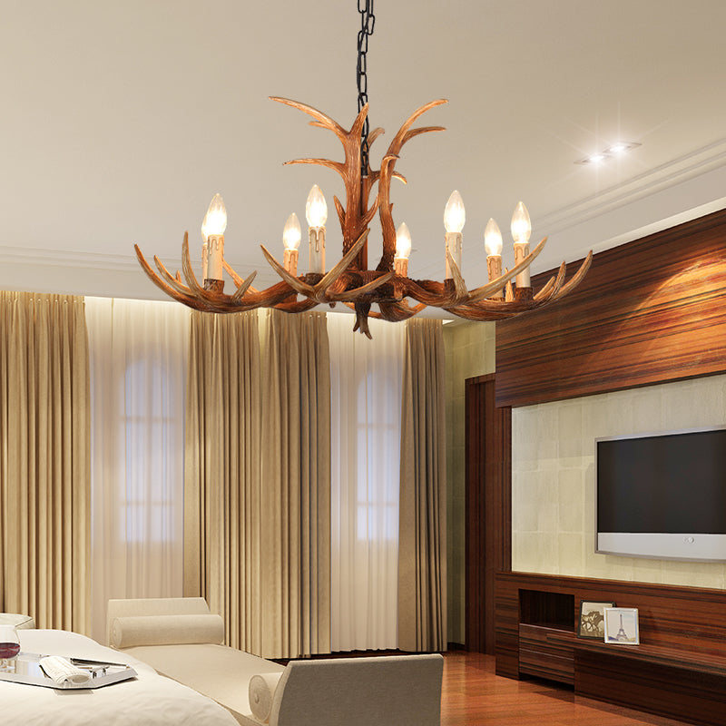 Faux Antler Bedroom Drop Lamp Traditional Resin 4/6/8 Bulbs Brown Chandelier Pendant Light
