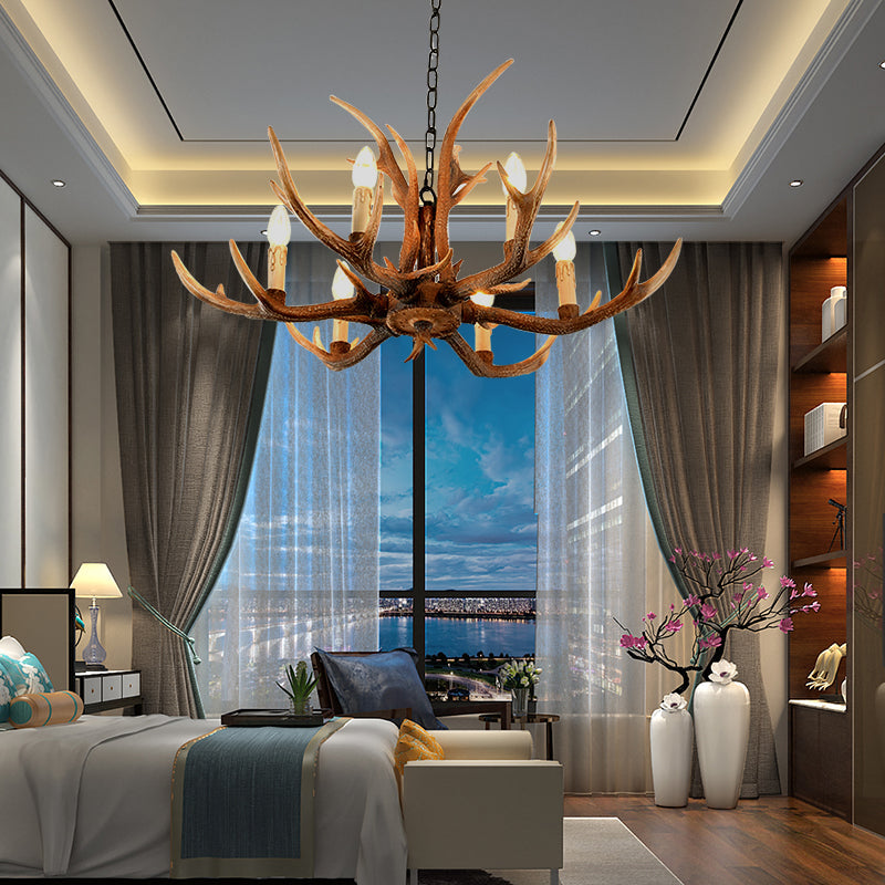 Brown Resin Hanging Chandelier Candelabra - 4/6/8-Bulb Traditional Suspension Light for Living Room