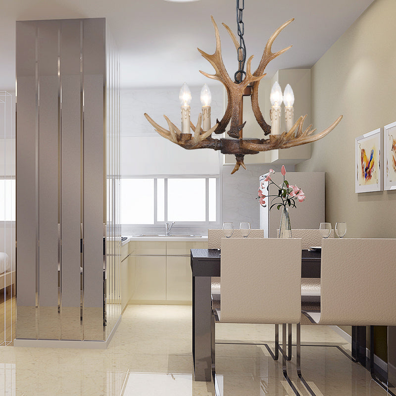 Brown 4/6/8 Heads Chandelier Lighting Rustic Resin Candle Suspension Lamp with Antler for Dining Room