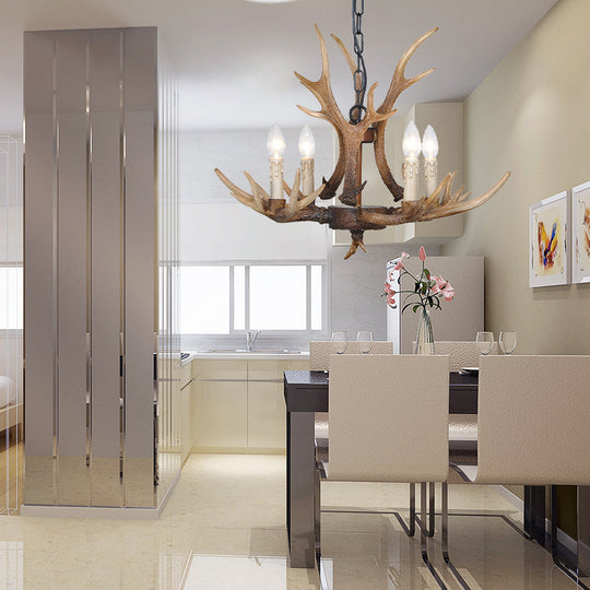 Brown 4/6/8 Heads Chandelier Lighting Rustic Resin Candle Suspension Lamp with Antler for Dining Room