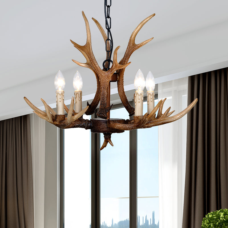 Brown 4/6/8 Heads Chandelier Lighting Rustic Resin Candle Suspension Lamp with Antler for Dining Room