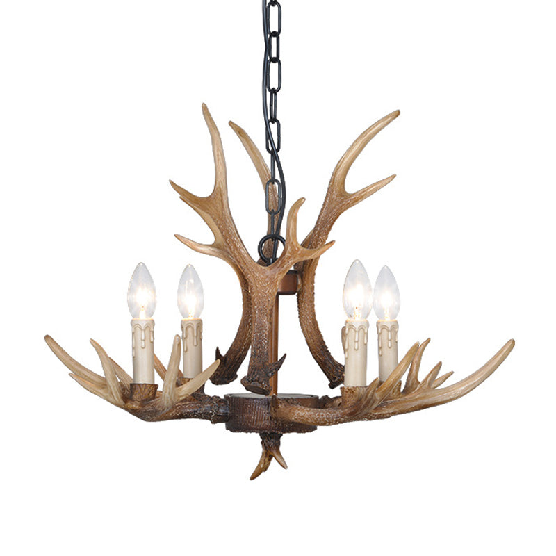 Brown 4/6/8 Heads Chandelier Lighting Rustic Resin Candle Suspension Lamp with Antler for Dining Room