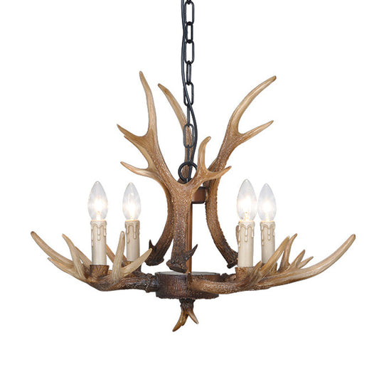 Brown 4/6/8 Heads Chandelier Lighting Rustic Resin Candle Suspension Lamp with Antler for Dining Room