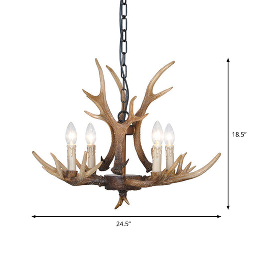 Brown 4/6/8 Heads Chandelier Lighting Rustic Resin Candle Suspension Lamp with Antler for Dining Room