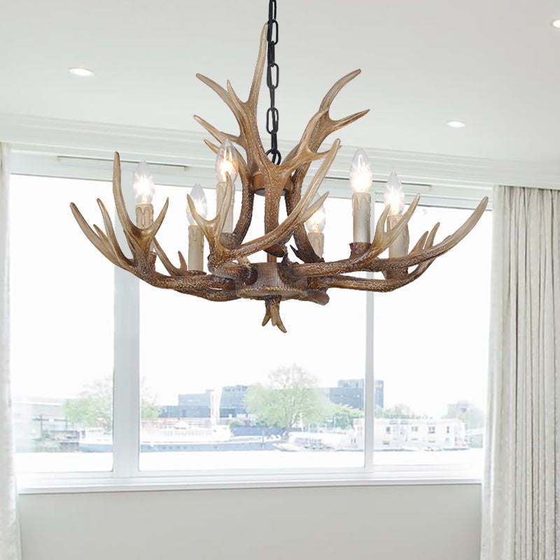 Brown 4/6/8 Heads Chandelier Lighting Rustic Resin Candle Suspension Lamp with Antler for Dining Room