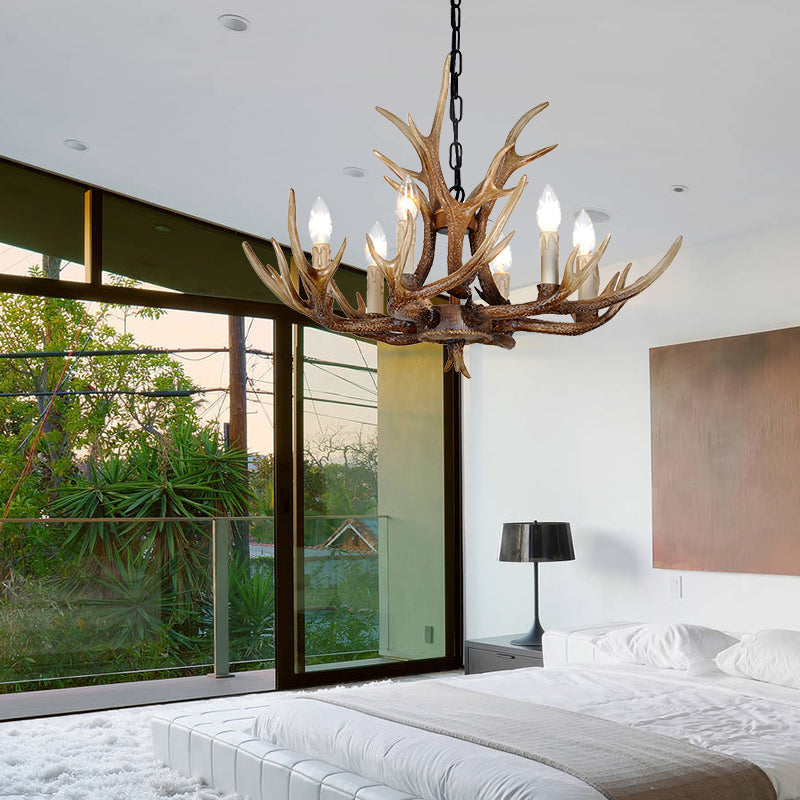 Brown 4/6/8 Heads Chandelier Lighting Rustic Resin Candle Suspension Lamp with Antler for Dining Room