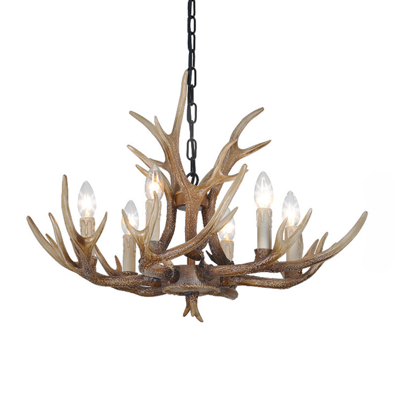 Brown 4/6/8 Heads Chandelier Lighting Rustic Resin Candle Suspension Lamp with Antler for Dining Room