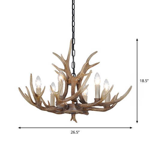 Brown 4/6/8 Heads Chandelier Lighting Rustic Resin Candle Suspension Lamp with Antler for Dining Room