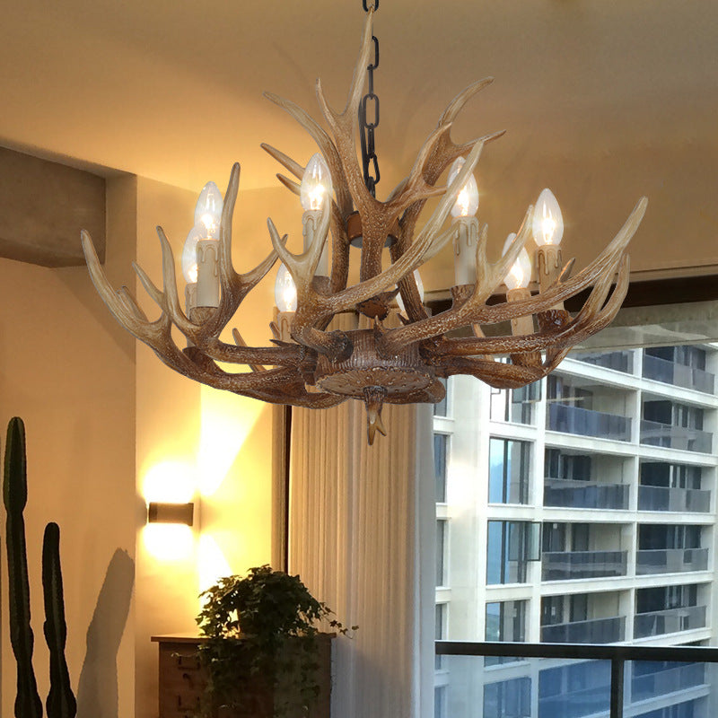 Brown 4/6/8 Heads Chandelier Lighting Rustic Resin Candle Suspension Lamp with Antler for Dining Room