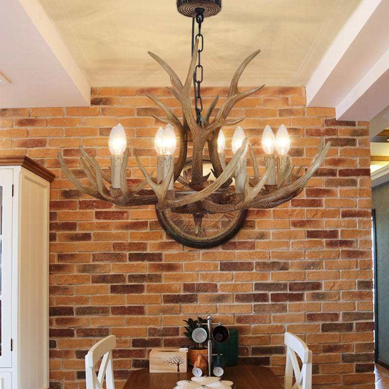 Brown 4/6/8 Heads Chandelier Lighting Rustic Resin Candle Suspension Lamp with Antler for Dining Room