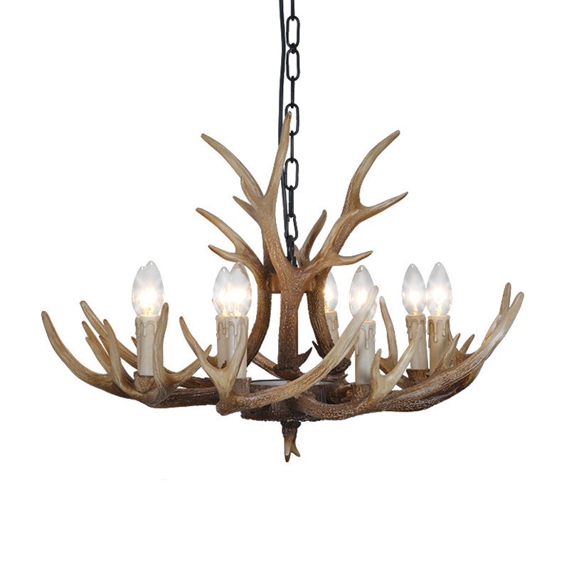 Brown 4/6/8 Heads Chandelier Lighting Rustic Resin Candle Suspension Lamp with Antler for Dining Room