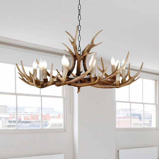 Brown 4/6/8 Heads Chandelier Lighting Rustic Resin Candle Suspension Lamp with Antler for Dining Room